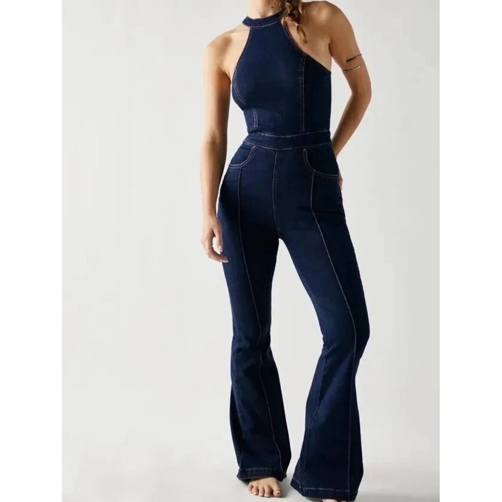 We The Free People Crvy Sydney Denim High Neck Retro Boho Baddie 10 Stretch Blue - Picture 2 of 8